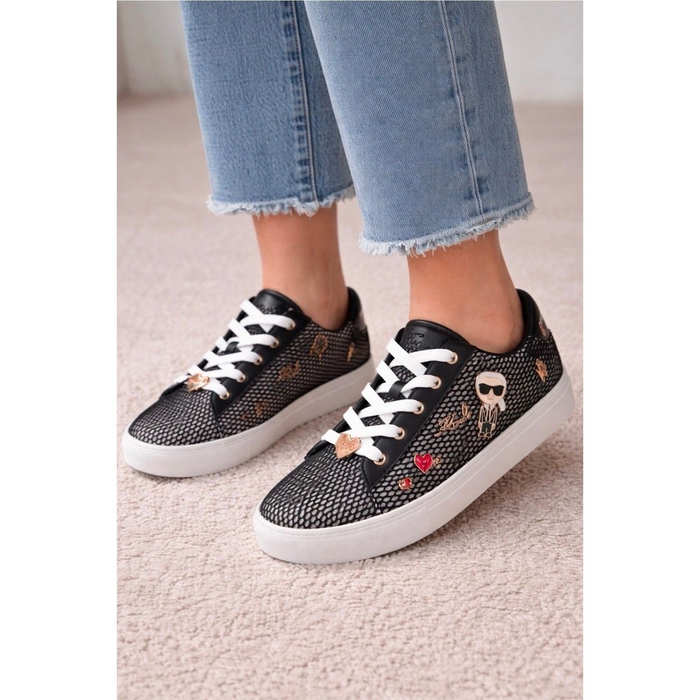 Karl Lagerfeld Paris Mesh Sneakers Womens Black Size‎ 11 Charm Embellished